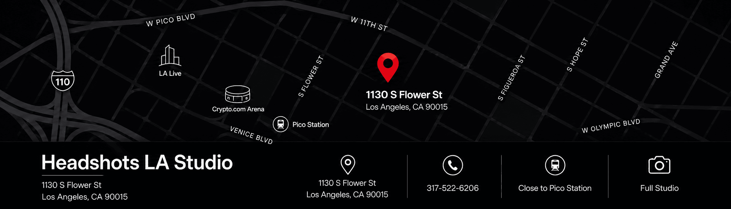 Headshots LA Studio location map - 1130 S Flower St, Los Angeles, CA 90015