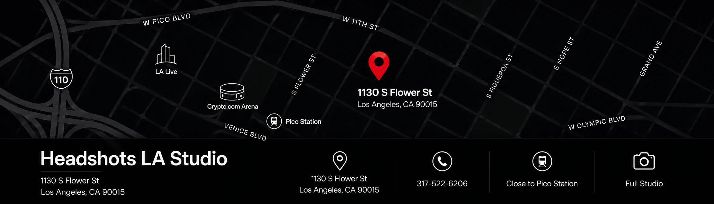 Headshots LA Studio location map - 1130 S Flower St, Los Angeles, CA 90015