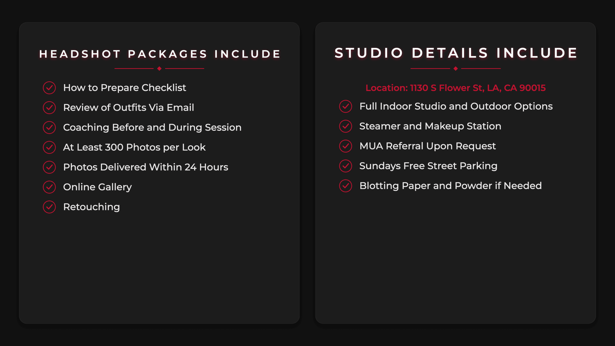 Headshot Packages Include and Studio Details Include