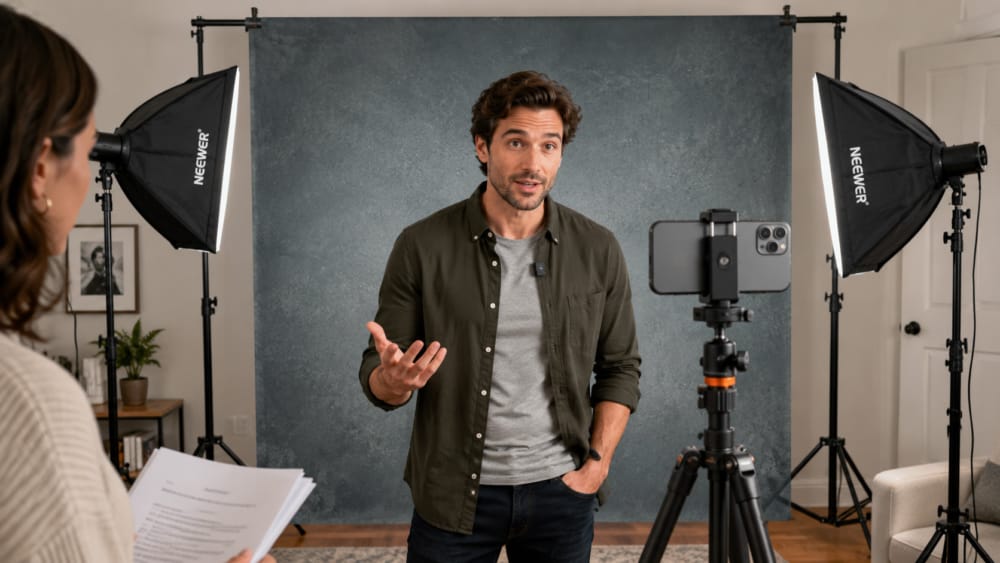 Actor recording a self-tape audition at home with a phone on a tripod and soft lighting