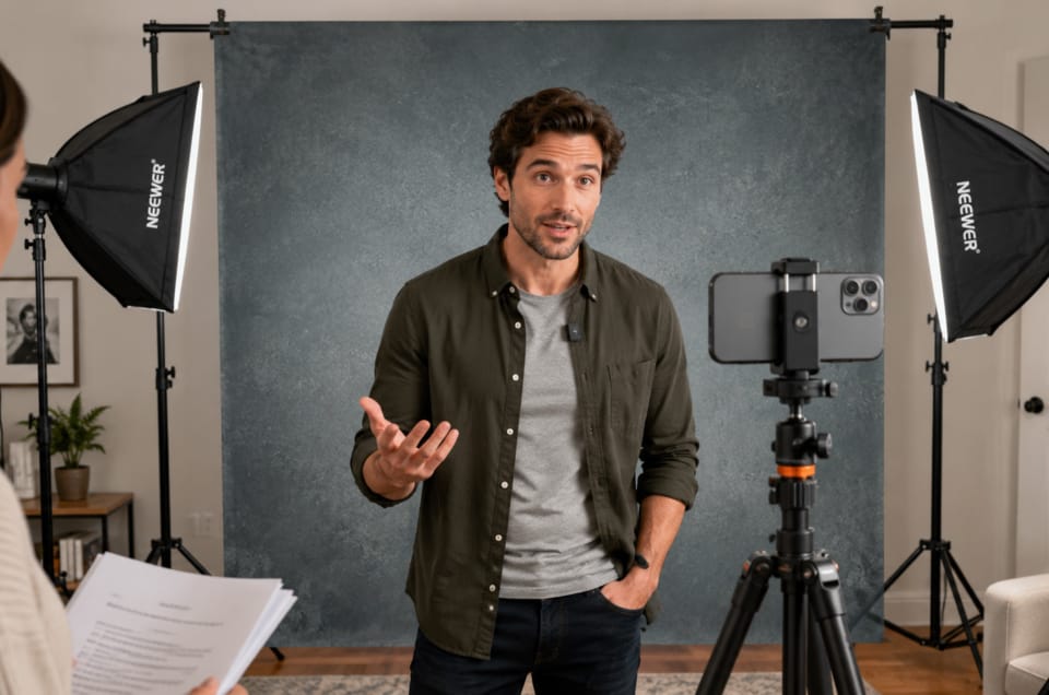 Actor recording a self-tape audition at home with a phone on a tripod and soft lighting