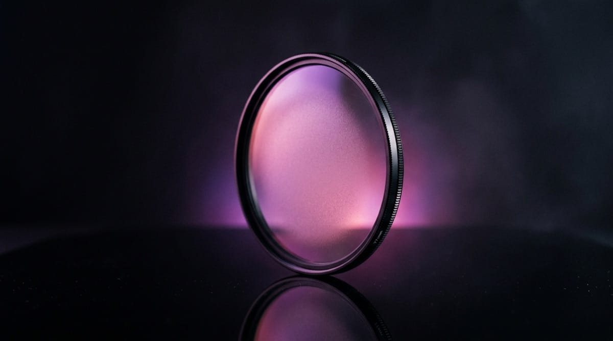 A photographic diffusion filter glowing on a dark surface