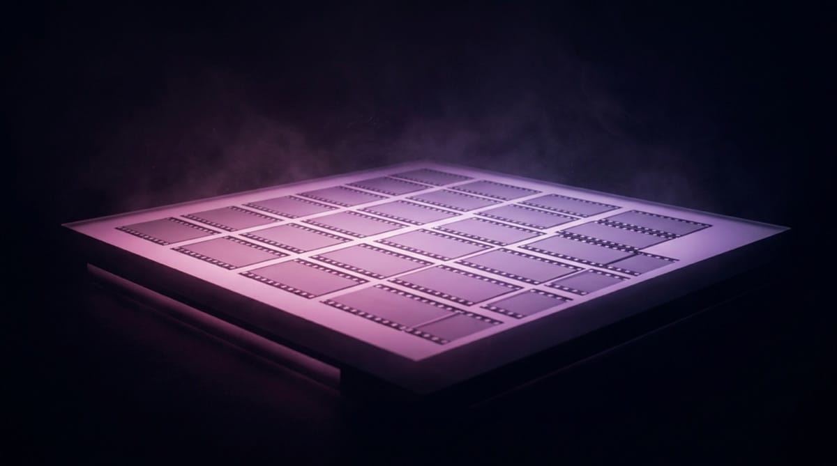 A lightbox of blank film frames laid out as a contact sheet